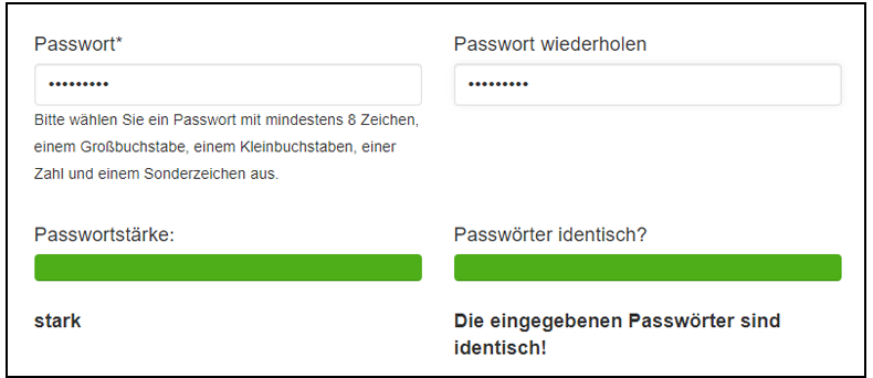 Screenshot des Registrierungs-Prozesses. Es gibt 2 Passwort-Felder und grüne Balken unter jedem Feld.